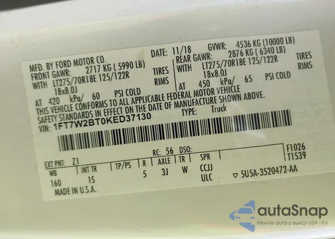 2019 Ford F-250 Xl from USA, damaged, VIN 1FT7W2BT0KED37130